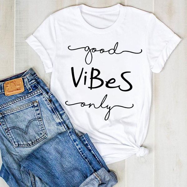 

women's t-shirt women lady letter printed good vibes print ladies fashion summer t tee tshirt womens female shirt clothes graphic, White