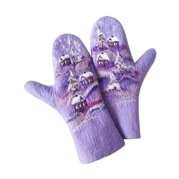 

five fingers gloves 2021 winter snowing scenery house print women girls warm mittens outdoor fun playing female, Blue;gray