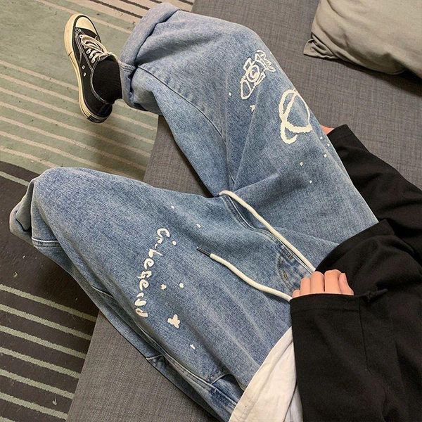 

men's jeans high waist men trousers 2021 spring summer hong kong trend all-match loose straight-leg light blue ankle-length pants
