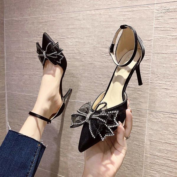 

sandals korean mixed color woven fashion women's high heels 2021 pointed bow tie back ladies 7 cm dress party shoes, Black