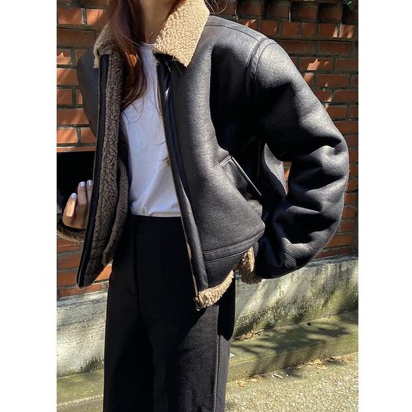 

women's wool & blends no return, change] lamb coat korean version short loose lapel retro warm top, Black