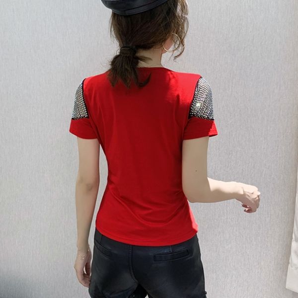 

2021 summer korean clothes t-shirt v-neck diamonds patchwork hollow out women ropa mujer irregularity tees new t06504 ymdh, White