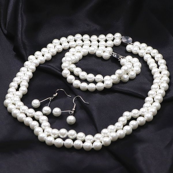 

elegance necklace earrings jewelry set cream white simulated pearl necklaces dangle for women 8mm round glass pearls sets a631, Black