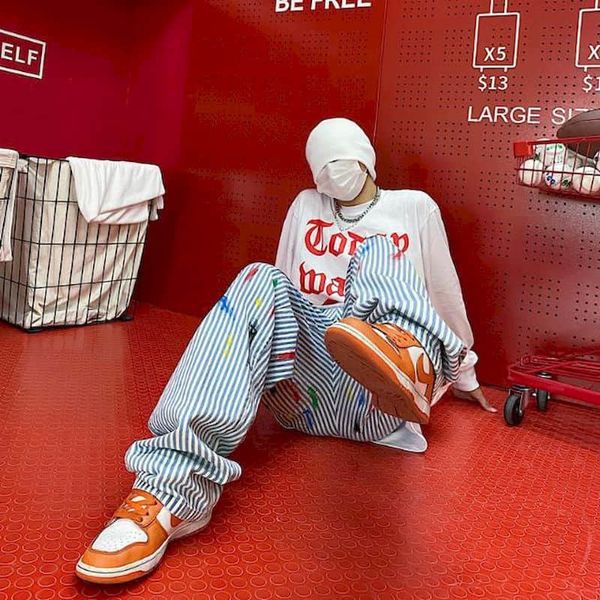 

men's jeans and women's striped jeans, harajuku style pants, hip hop, graffiti, Blue