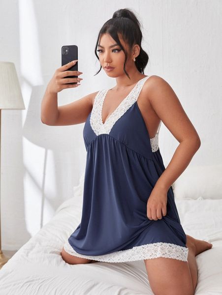 

plus contrast lace backless night dress 88ty#, Black;white