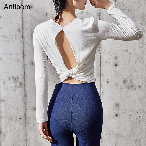 

yoga outfit antibom women's shirt hollow out fitness gym clothing female long sleeve running training quick dry sport crop top