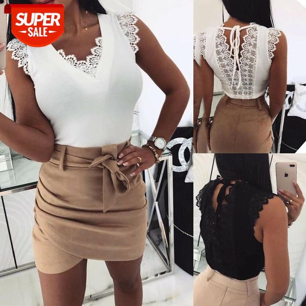 

women lace t-shirt fashion ladies holiday casual camisole tank sleeveless v-neck solid slim female t-shirt #7l9f, White