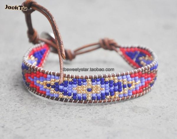 

tennis women blue mixed seed beads leather wrap bracelet, Golden;silver