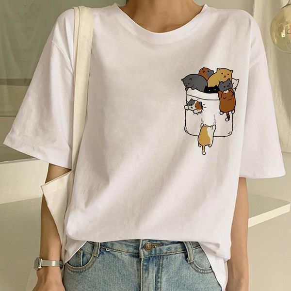 

cartoon cat print t-shirt summer fashion women tee harajuku t-shirts female graphic t-shirt cute tee shirts clothes femme, White