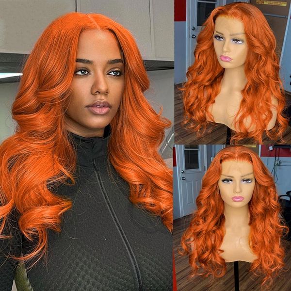 Gengibre laranja onda corporal dianteira peruca de cabelo humano com babyhair 13x4 wigs sintéticas onduladas branqueadas nós para mulheres