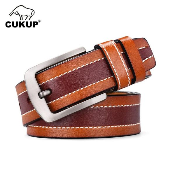 

belts cukup design quality patchwork striped pattern cow skin leather alloy clasp buckle metal belt men jeans accessories nck826, Black;brown