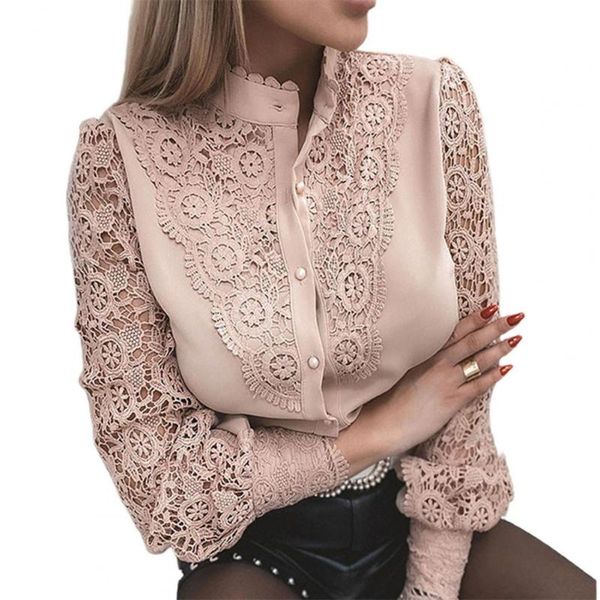 

women's blouses & shirts elegant women blouse solid color lace patchwork hollow blusas single-breasted stand collar slim office ladies, White