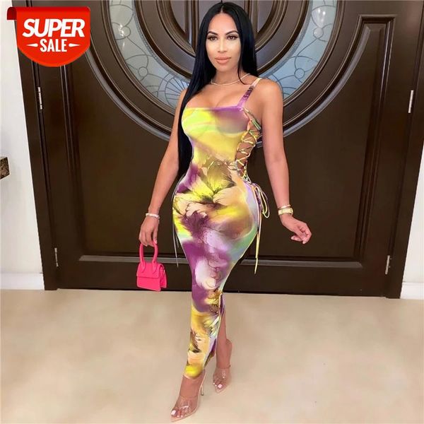 

hirigin hollow out tie dye dress 2020 women sleeveless strap lace-up dress party floral long pencil summer vestidos #wr2q, Black;gray