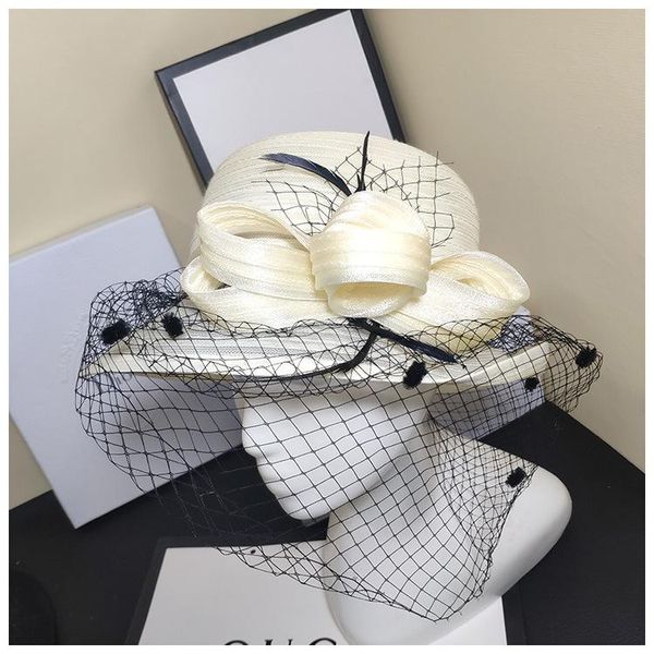 

stingy brim hats fashion european net hat spring and summer straw bow flower elegant fairy caps half cover cap, Blue;gray
