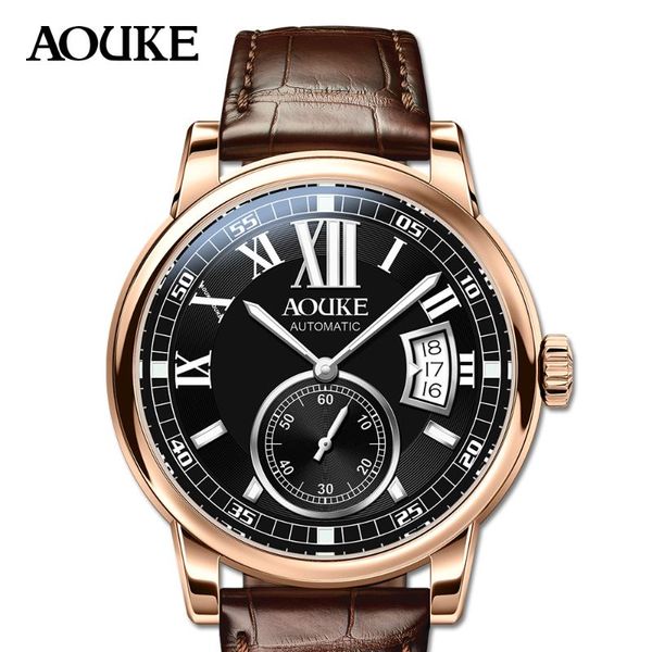 

wristwatches aouke seagull automatic movement watches roman number brown leather mens mechanical watch sapphire glass waterproof 50m, Slivery;brown