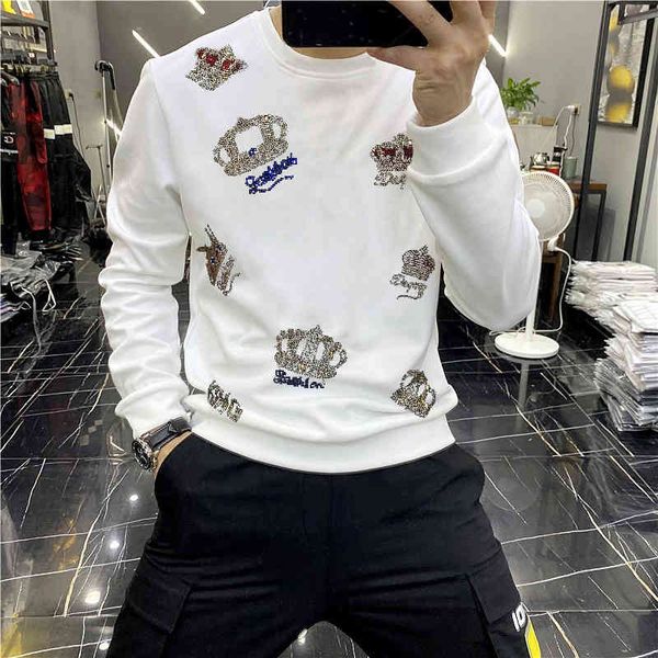 

2021 winter designer men's long sleeve fashion casual hoodie rhinestone o-neck warm sweatshirt, Black