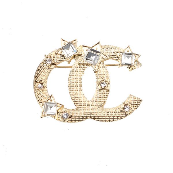 Broches de estrela simples com letras duplas, luxos de marca famosa, broche de geometria, broche de cristal, strass, para mulheres, moda, joias, cachecol, decoração, acessórios