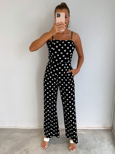 

joyfunear polka dot print tie back cami jumpsuit 82dg#, White