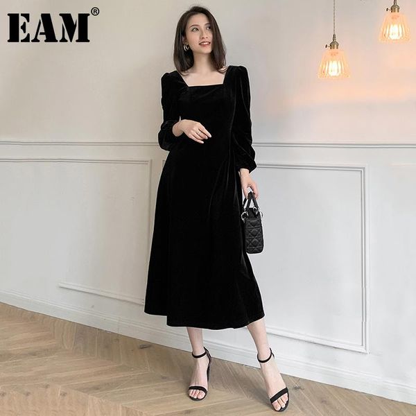 

casual dresses [eam] women temperament long black velvet dress square collar sleeve loose fit fashion tide spring autumn 2021 1dd5238, Black;gray
