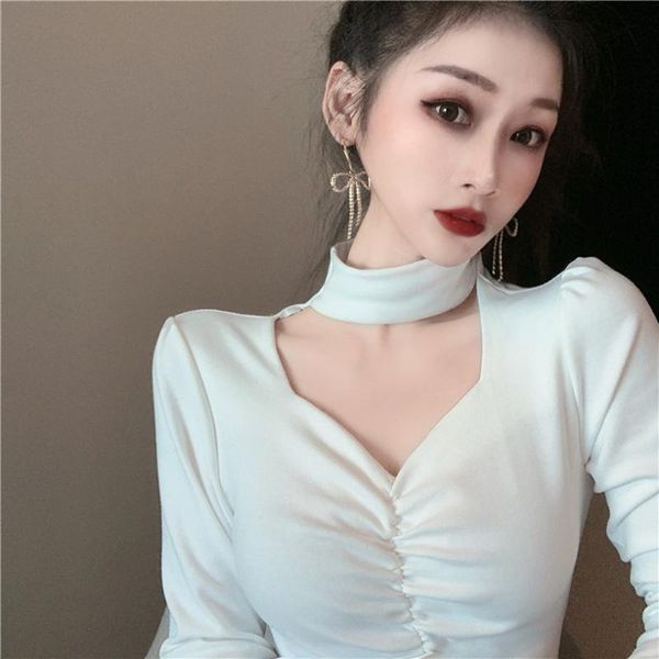 

women's t-shirt soild female tshirt knit long sleeve 2021 white wild t shirt casual fashion tee club simple women outfits