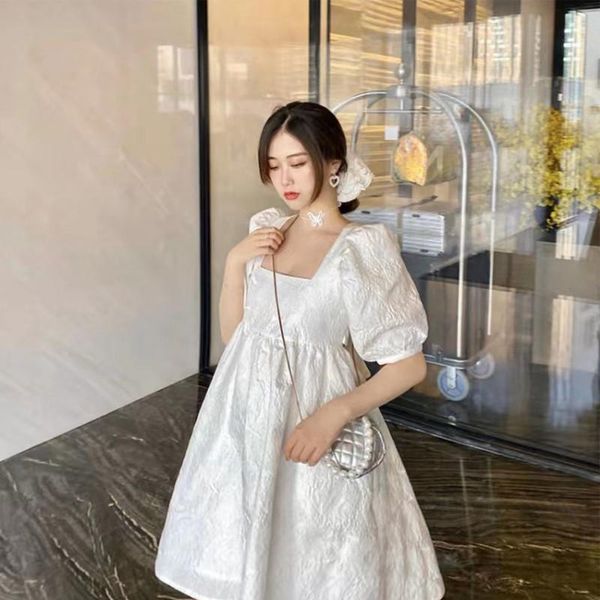 

casual dresses 2021summer square collar short puff sleeve solid color vintage loose dress women high waist fashionable, Black;gray
