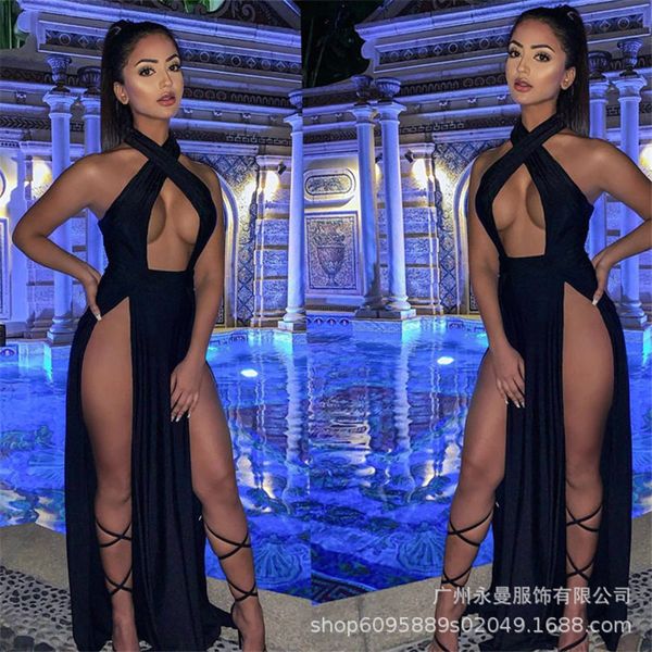 

halter backless elegant evening dress charming slit side open prom formal party dress vestido elegant vintage robe longue, Black;gray