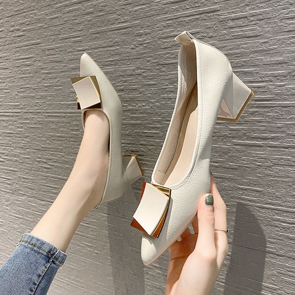 

2021 summer solid low pointed thick heel everyday color viscose korean fashion high heels