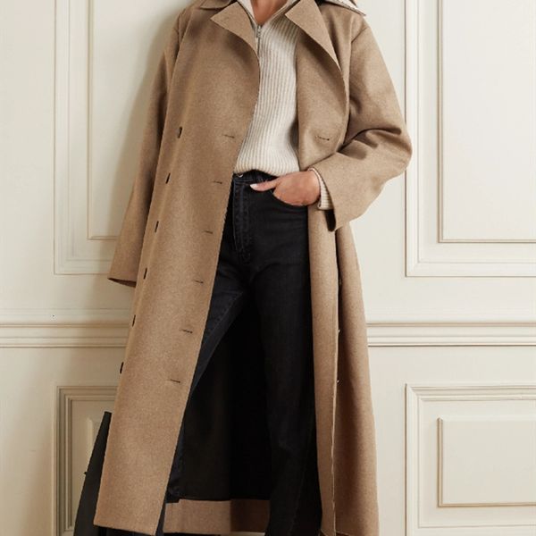 

2021 new autumn winter women jacket loose double breasted lace-up mid-length coat with sashes uaqb, Black