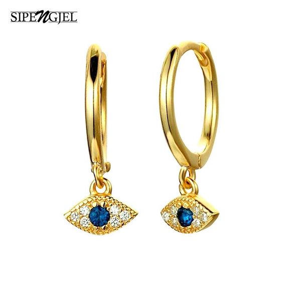 

hoop & huggie sipengjel fashion turkish lucky eye pendant earrings charm mini blue zircon huggies for women jewelry 2021, Golden;silver