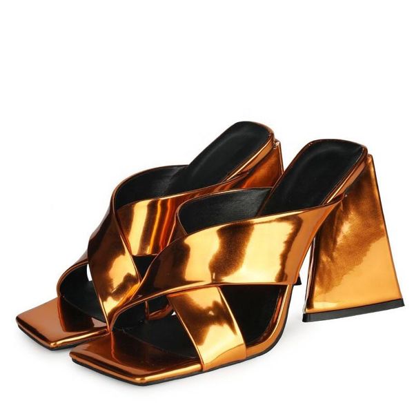 

sandals 2021 summer spring chunky heel shoes nude color square open toes bling cross surface women high slippers, Black