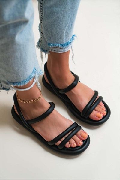 

sandals women's black matte strappy flat sole
