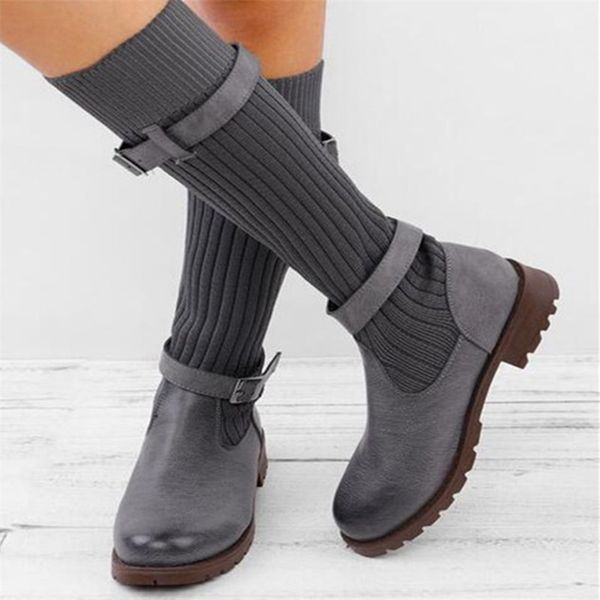 

winter women sock snow boots faux suede slim buckle strap slip on platform mid-calf flats heel black ladies shoes botines mujer 210619