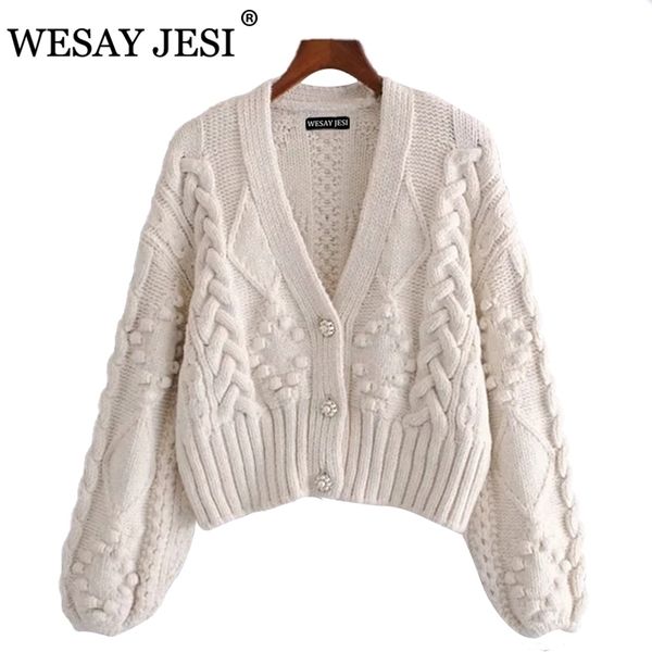 WESAY JESI Frauen Frühling Strickjacke Frauen Pullover Dicke Lose Laterne Hülse Perle Knopf Kurzen Süßen Und Faulen Stil 210917