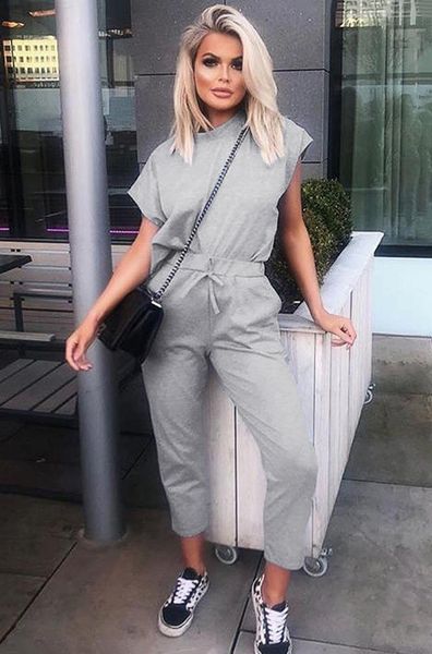 

women's tracksuits kalenmos summer sports jogger tracksuit women 2 piece sets solid short sleeve sweatshirt sportswear trousers suit pl, Gray