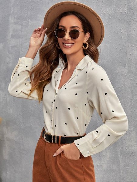 

heart print lapel collar blouse g1b0#, White