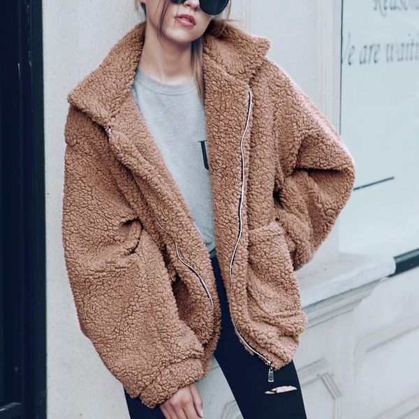 

women's jackets women wool jacket autumn winter warm zipper coat with pocket casual outerwear camel hairy overcoat plus size, Black;brown