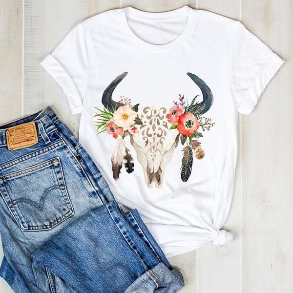 

women lady heifer skull flower printed ladies fashion summer t tee tshirt womens female shirt clothes graphic t-shirt, White