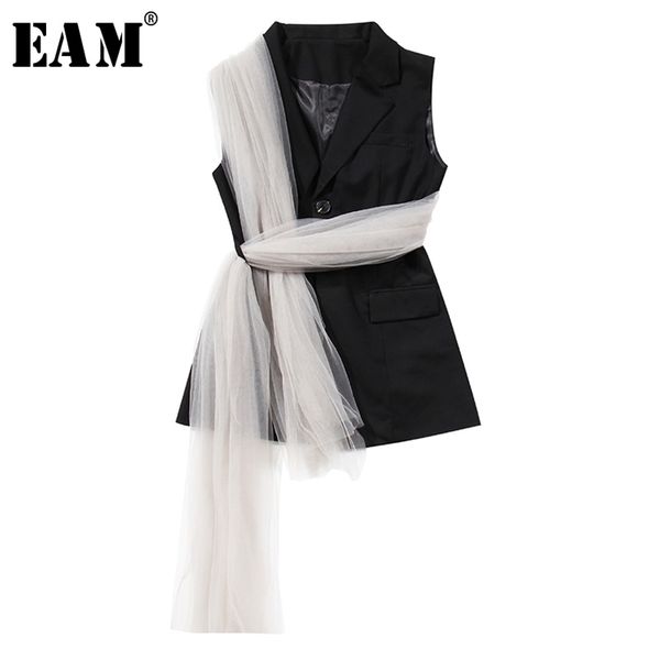 

[eam] women loose fit black mesh bandage split joint irregular vest new lapel sleeveless fashion tide spring autumn 201102, Black;white