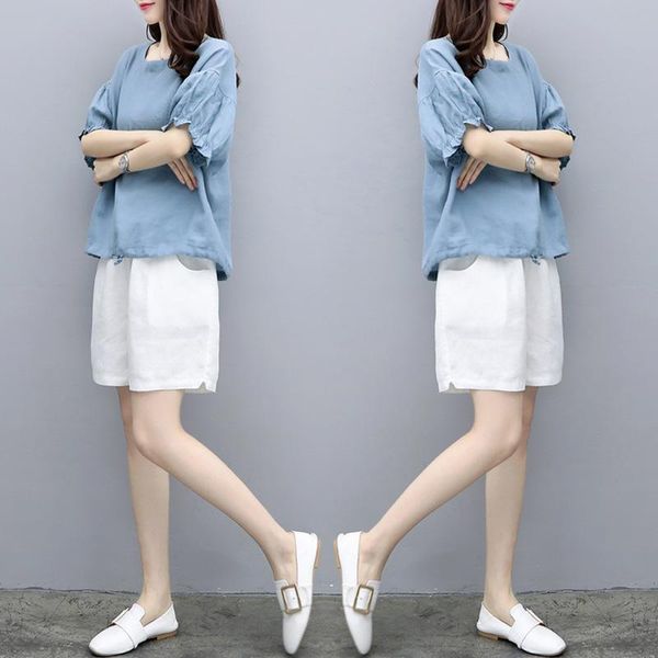 

korean special offer o-neck ruched full elastic waist version 2021 summer new and linen shorts loose thin casual fashion suit, Gray