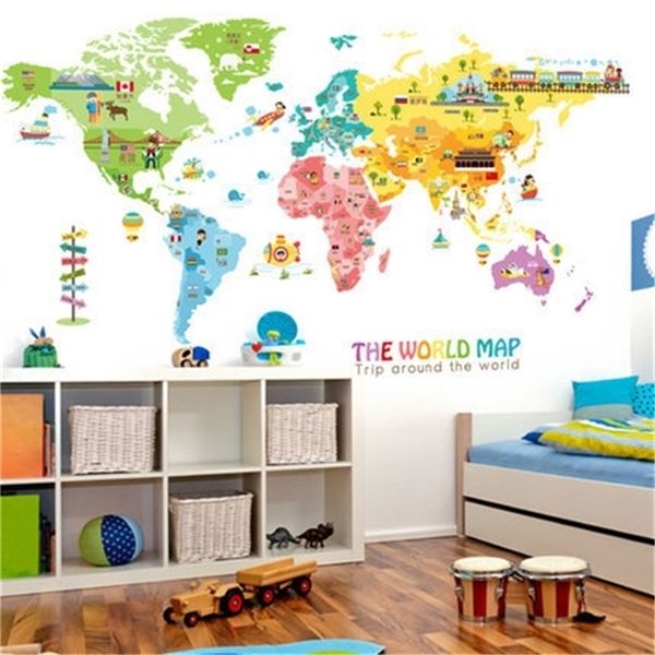 Cartone animato animale mappa decorazione della casa adesivi murali in vinile fai da te 95 * 195 cm mappa del mondo camera dei bambini poster Y200102
