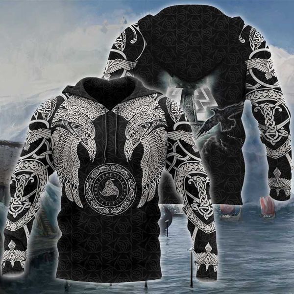 

men's hoodies & sweatshirts est viking munin tattoo 3d printed men hoodie harajuku fashion hooded sweatshirt autumn sudadera hombre w, Black