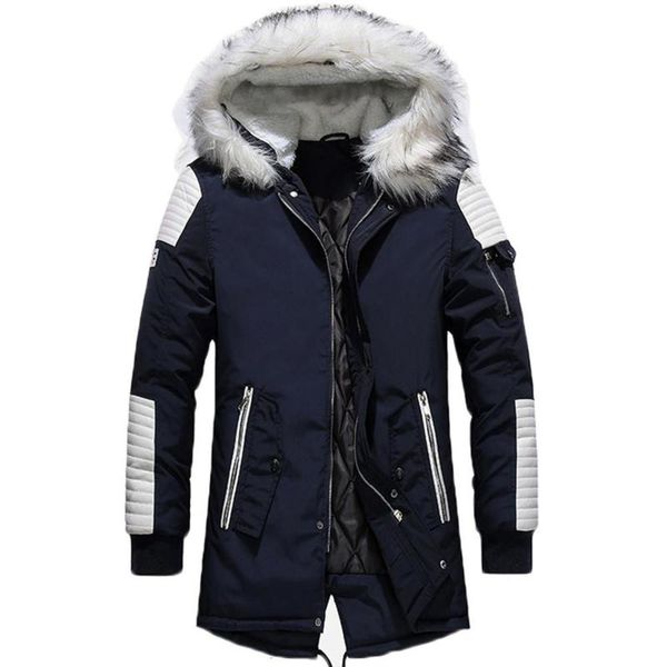 

new fashion white fur collar long coat men winter casual patchwork color thicken warm parka outwear windbreaker overcoat clothes down jacket, Black