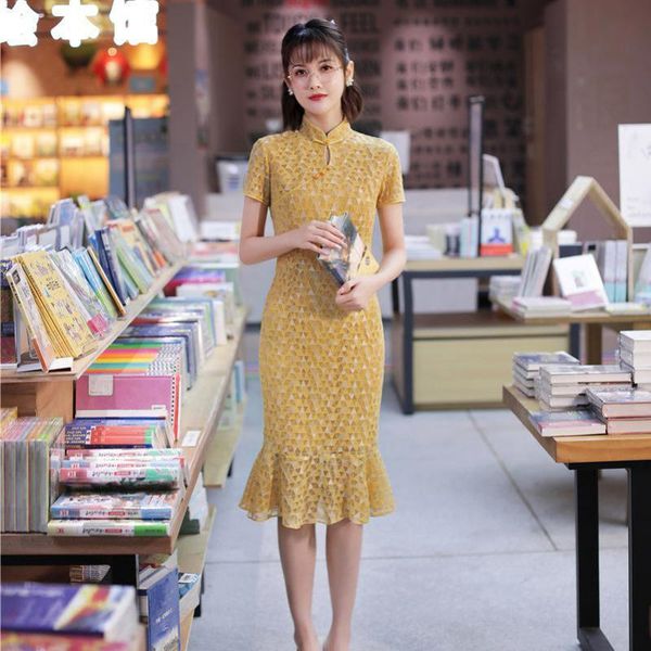 

ethnic clothing elegant women yellow lace short sleeve qipao traditional chinese mandarin collar slim fish tail cheongsam vestidos, Red