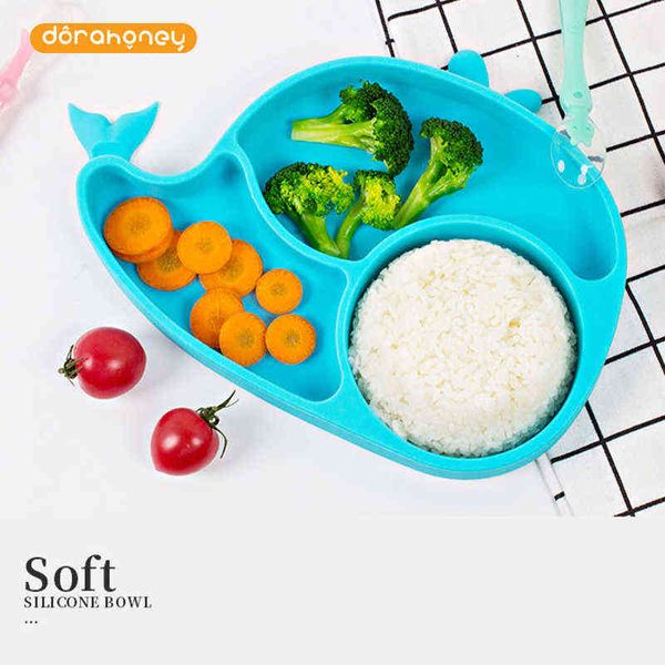

silicone baby dishes cartoon whale waterproof divided suction bowl for children's tableware non-slip baby feeding bowl bpa g1210