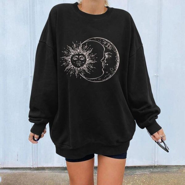 

women's hoodies & sweatshirts sun moon print casual vintage long sleeve pullover hoodie oversized harajuku loose streetwear jumper, Black