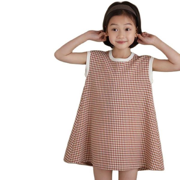 

girl's dresses children's clothing spring and summer products for girls contrast collar plaid sleeveless vest dress p4547, Red;yellow