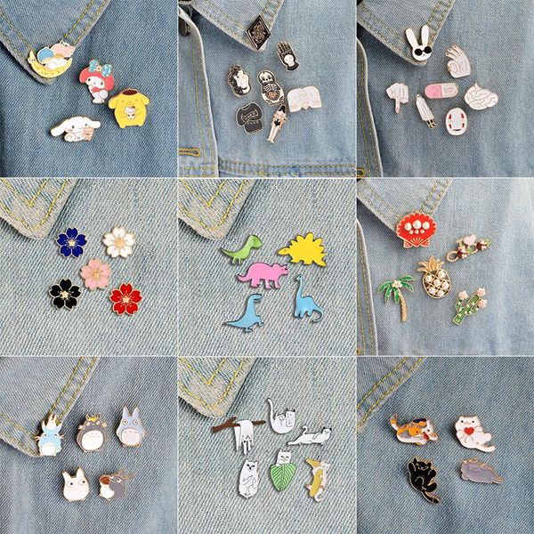 Pins, Broschen 3-7 Stücke / Satz Cartoon Tier Pinguin Abzeichen Mode Blumen Schädel Hund Emaille Brosche Spaß Trendy Revers Rucksack Schmuck Geschenk