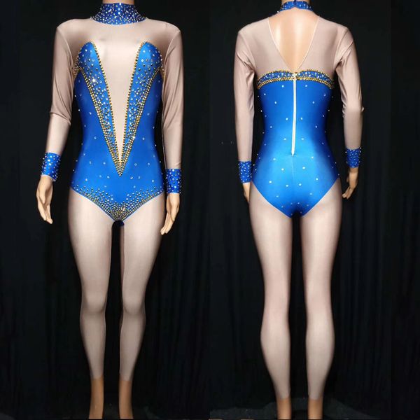 

bar dj female singer acrobatics performance costume rhinestone jumpsuit long sleeved blue tight bodysuit gogo costume vdb2320, Black;red