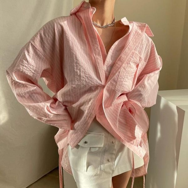 

women's blouses & shirts [ewq] 2021 spring women casual single breasted turn-down collar asymmetrical patchwork long-sleeved striped la, White