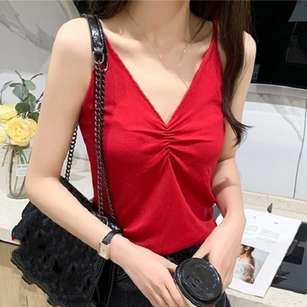 

women's tanks & camis chamsgen fashion summer vest knitted ladies v-neck sleeveless casual solid tank 2021 clothing f527, White